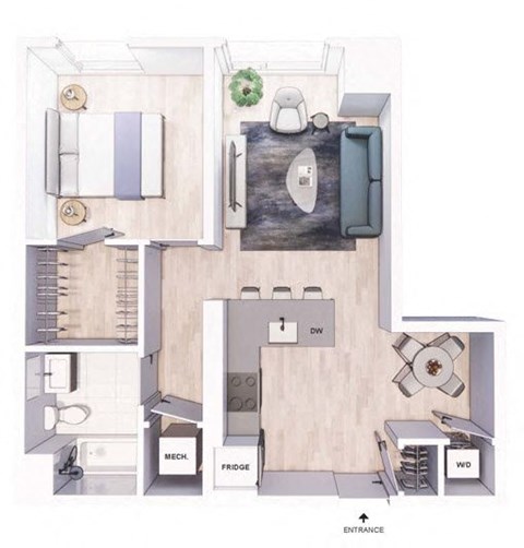 Floor plan for 1 bed, 1 bath, 680 sqft